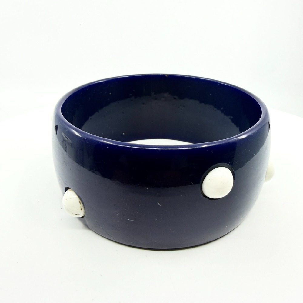 Navy Blue White Cabochon Wide Bangle Bracelet Chunky Mod Statement Y2K Gift